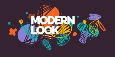 Modern poster. Doodle tarzında farklı şekiller. Arkaplanda soyut noktalar ve şekiller.