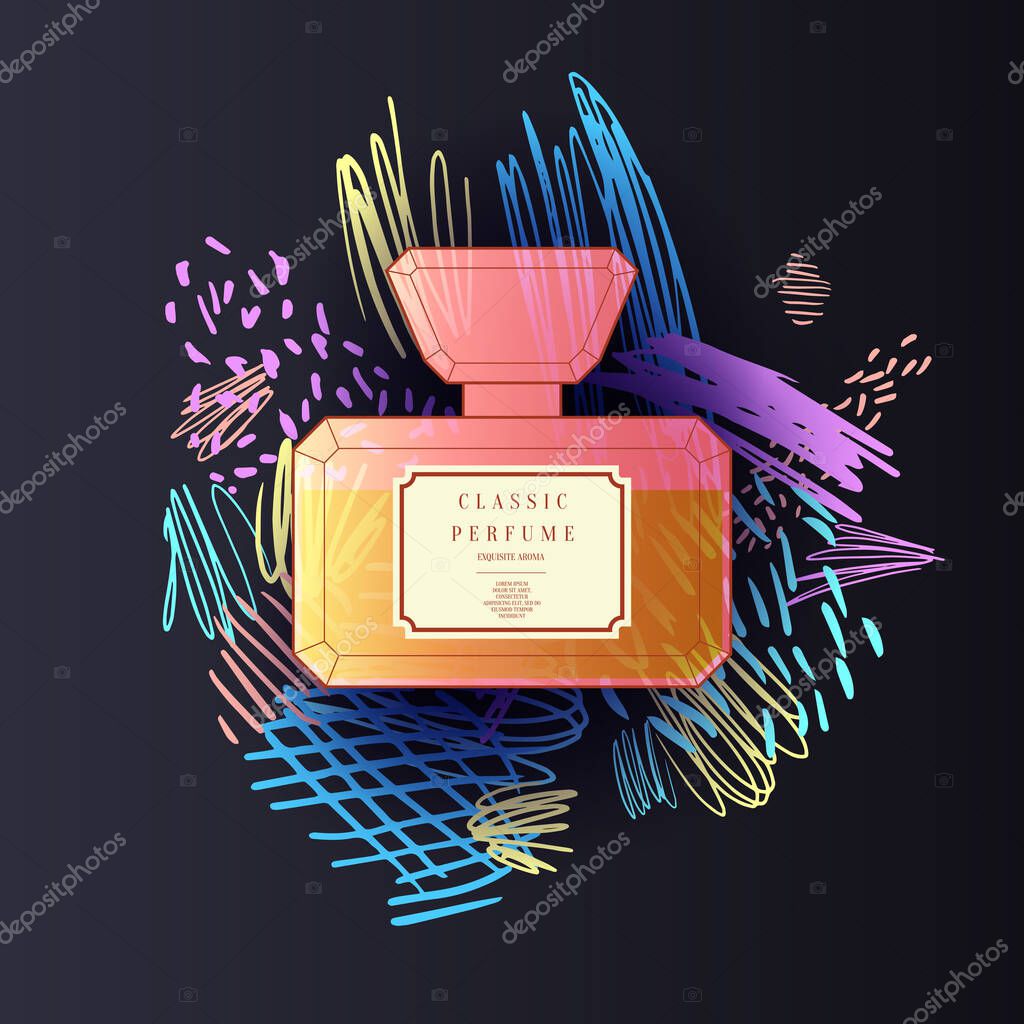 A perfume bottle with a Doodle pattern. Bright modern poster for advertising and sale Fragrance. Vector illustration