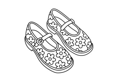 Vector illustration of floral patterned Mary Jane shoes in black and white outline, perfect for coloring books, kids fashion designs, and educational materials.