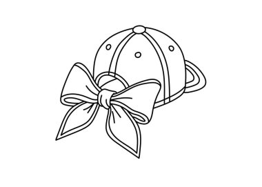 Vector illustration of a baseball cap with large decorative bow, black and white outline, drawn in isometric perspective, perfect for coloring pages, fashion design, and kids activity books.