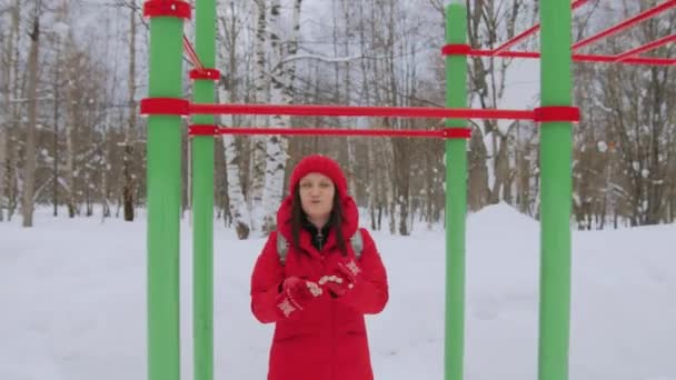 Woman Walking Alone Winter Landscape Moody Weather Hiking Girl Wearing — Stock Video