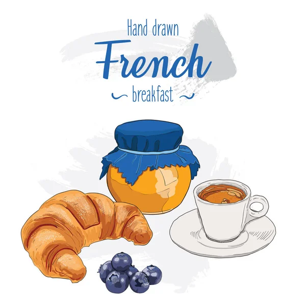 Menù Della Colazione Francese Disegnato Mano Croissant Espresso Marmellata Mirtilli — Vettoriale Stock