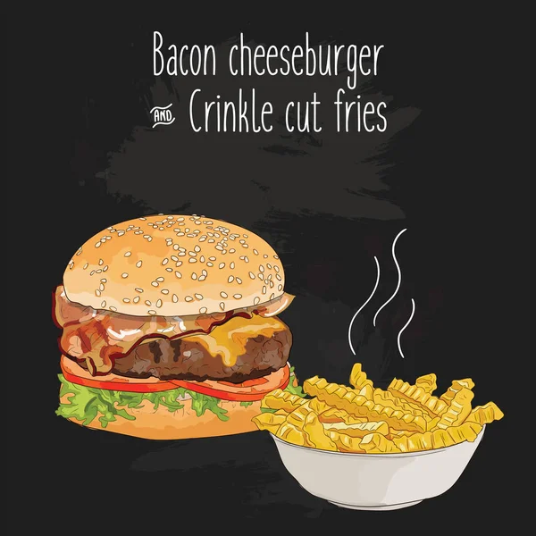 Handgezogener Bunter Speck Cheeseburger Und Crinkle Cut Pommes — Stockvektor