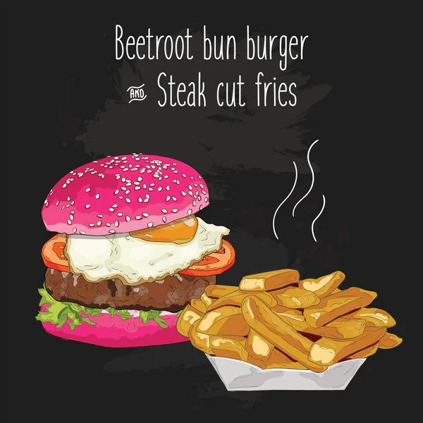 Bunte Rote Bete Brötchen Burger Und Steak Pommes — Stockvektor