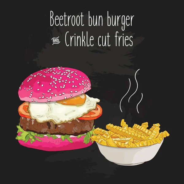 Handgezogene Bunte Rote Bete Brötchen Burger Und Crinkle Cut Pommes — Stockvektor