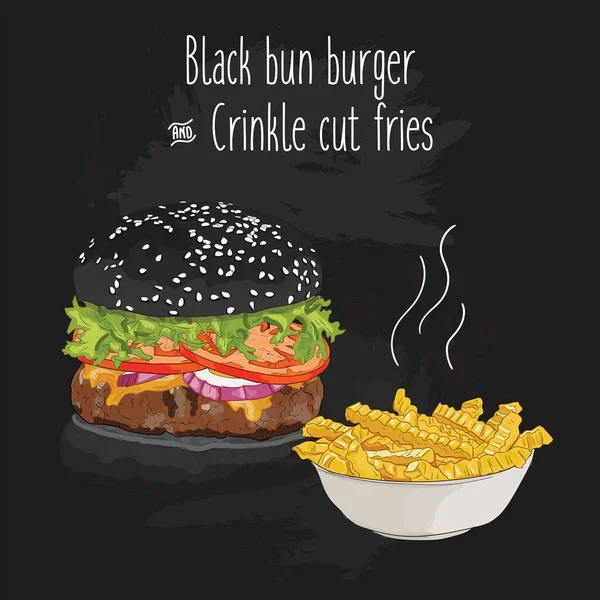 Handgezeichneter Bunter Black Brötchen Burger Und Crinkle Cut Pommes — Stockvektor