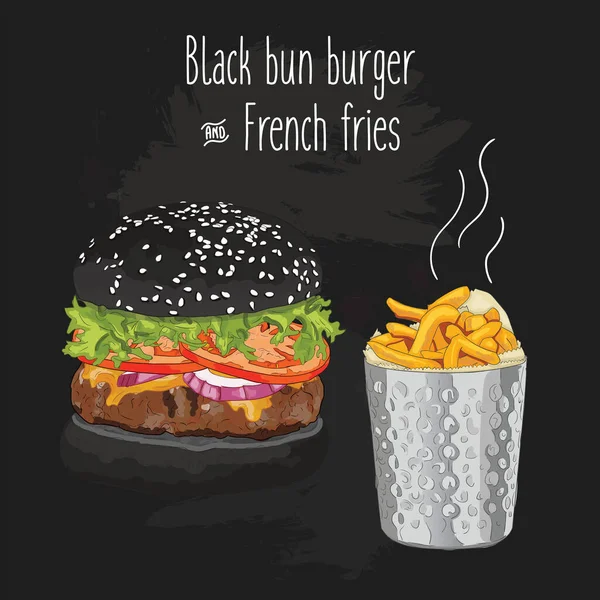 Burger Pain Noir Coloré Dessiné Main Frites Dans Une Tasse — Image vectorielle