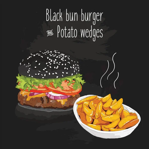 Handgezeichneter Farbenfroher Black Dutt Burger Und Kartoffelkeile — Stockvektor