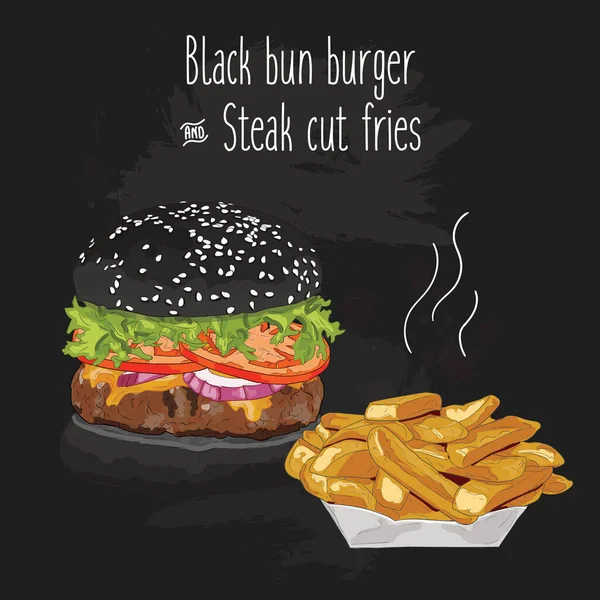 Handgezeichneter Bunter Black Brötchen Burger Und Steak Geschnittene Pommes — Stockvektor