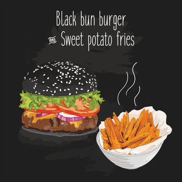 Handgezeichneter Farbenfroher Black Brötchen Burger Und Süßkartoffelfrites — Stockvektor