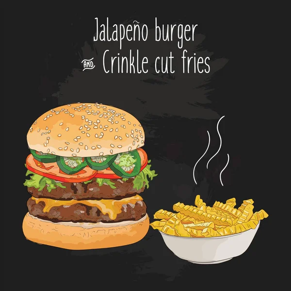Von Hand Gezogene Bunte Jalapeño Burger Und Crinkle Cut Pommes — Stockvektor