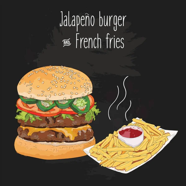 Ručně Kreslené Barevné Jalapeno Burger Hranolky Kečupem — Stockový vektor