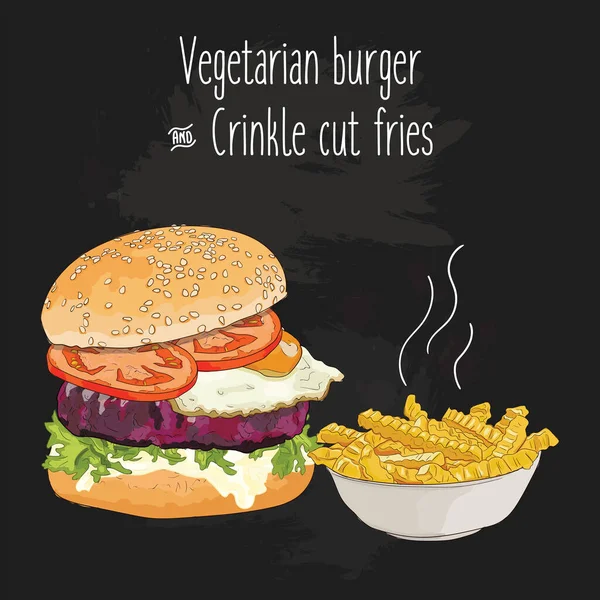 Handgezeichnete Bunte Vegetarische Burger Und Crinkle Cut Pommes — Stockvektor