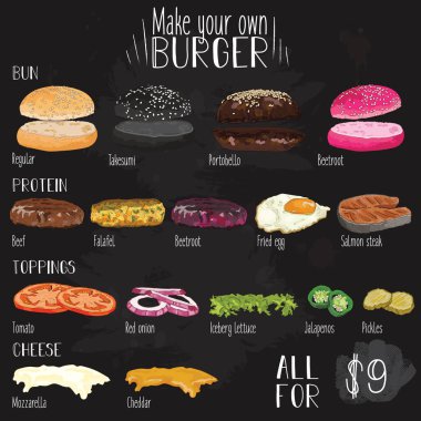 Elle çizilmiş renkli hamburger restoranı menüsü. Tahtada kendi hamburgerini yap.