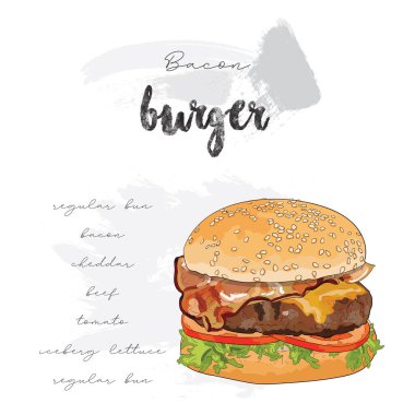 Elle çizilmiş renkli pastırmalı hamburger tarifi.