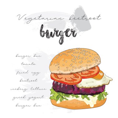 Elle çizilmiş renkli vejetaryen pancar kökü hamburgeri tarifi
