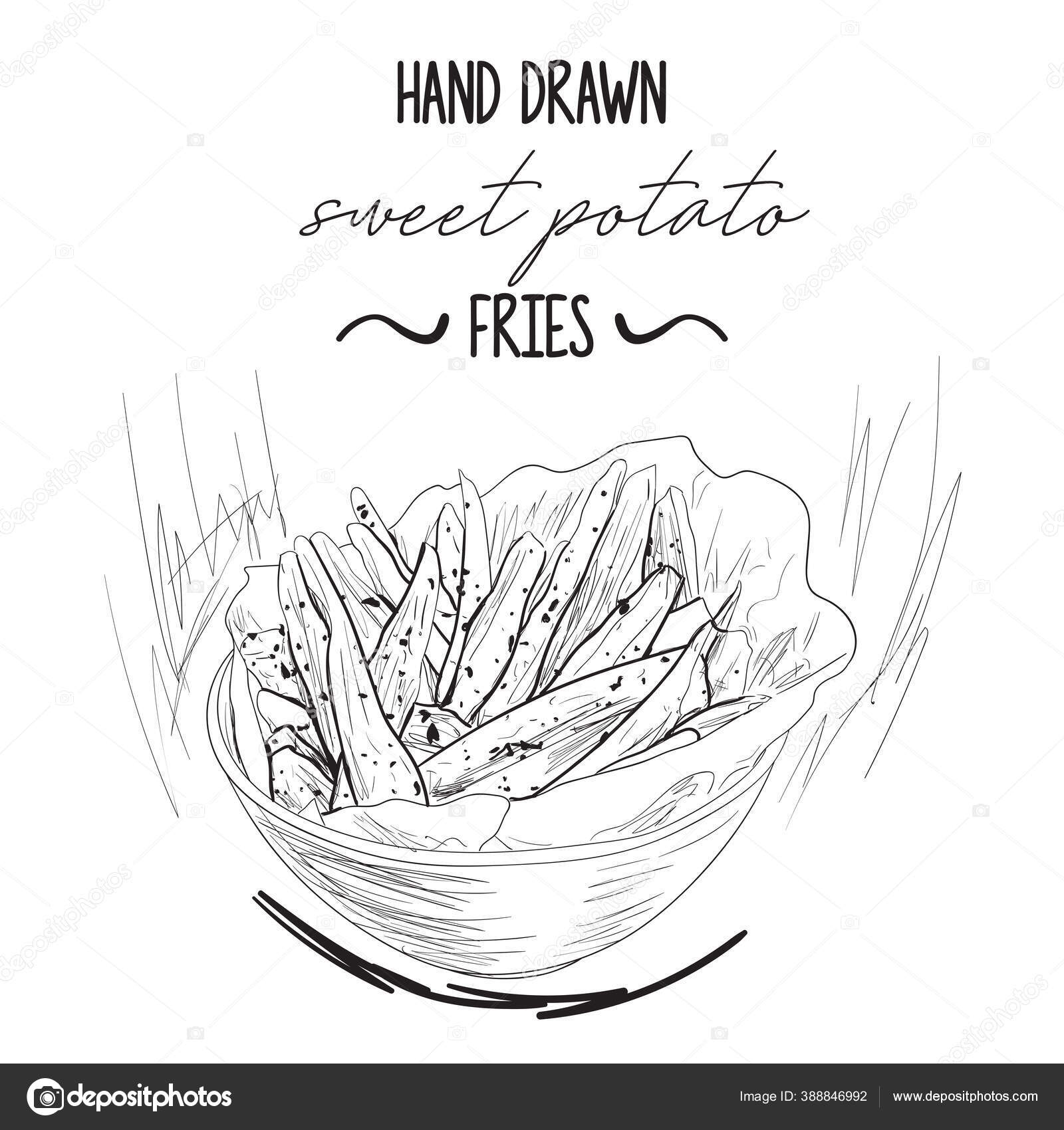 Hand Drawn Black White Sweet Potato Fries Bowl Stock Vector Image by