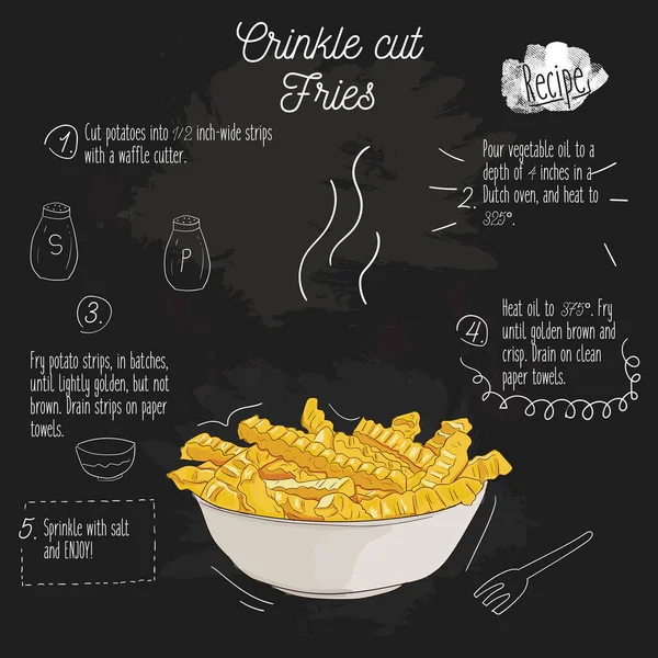 Frites Pommes Terre Coupées Crinkle Colorées Dessinées Main Recette Sur — Image vectorielle