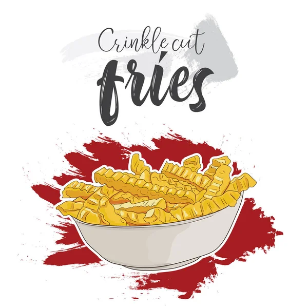 Mão Desenhado Colorido Fast Food Crinkle Cortar Batatas Fritas Tigela —  Vetores de Stock