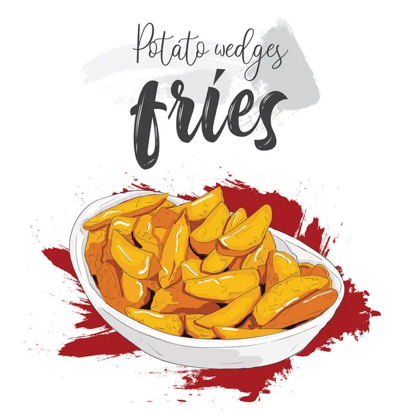 Çizimi Rengarenk Fast Food Patatesler Bir Kasede Kızarır — Stok Vektör