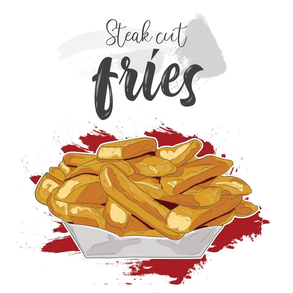 Çizimi Renkli Fast Food Bifteği Kağıt Kasede Patates Kızartması — Stok Vektör