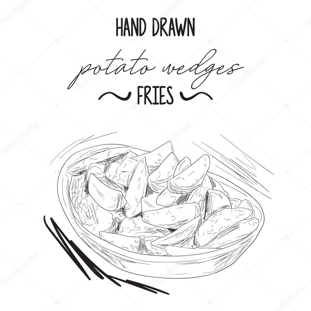 Hand drawn black and white potato wedges fries in bowl