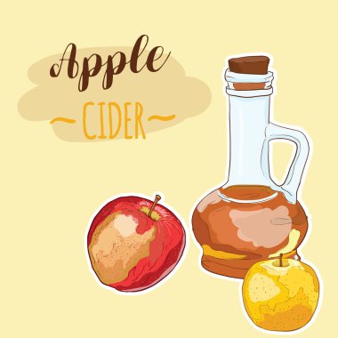 El Çizimi Tamamen Renkli Yeşil Elma Yanlı Sirke Meyvesi İçeceği