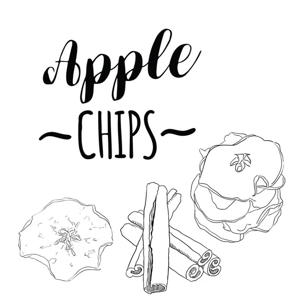 Chips Pomme Réalistes Noirs Blancs Dessinés Main Fruit Dessert Sucré — Image vectorielle