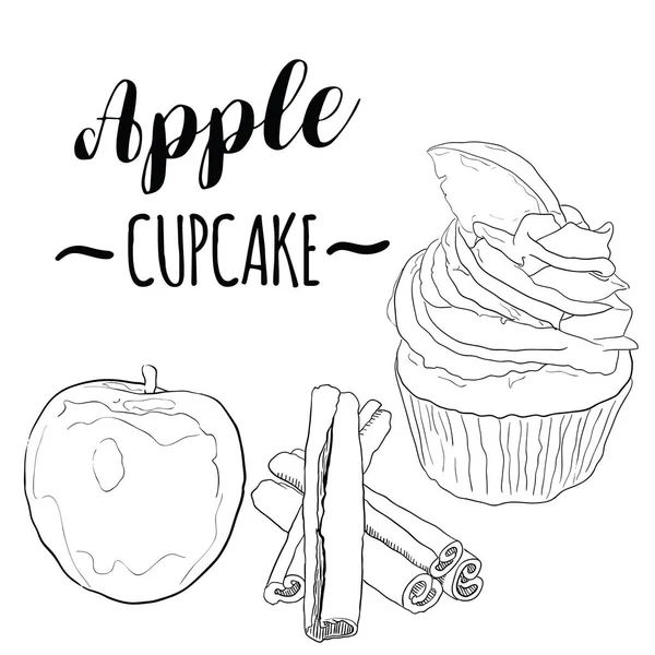 Hand Drawn Black White Rerealistic Apple Cupcake Sweet Dessert Fruit — стоковий вектор
