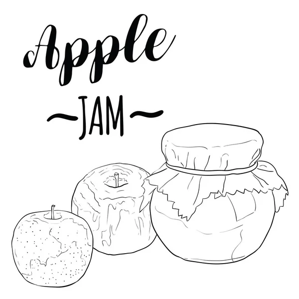 手绘黑白色现实主义苹果果酱甜食水果 — 图库矢量图片