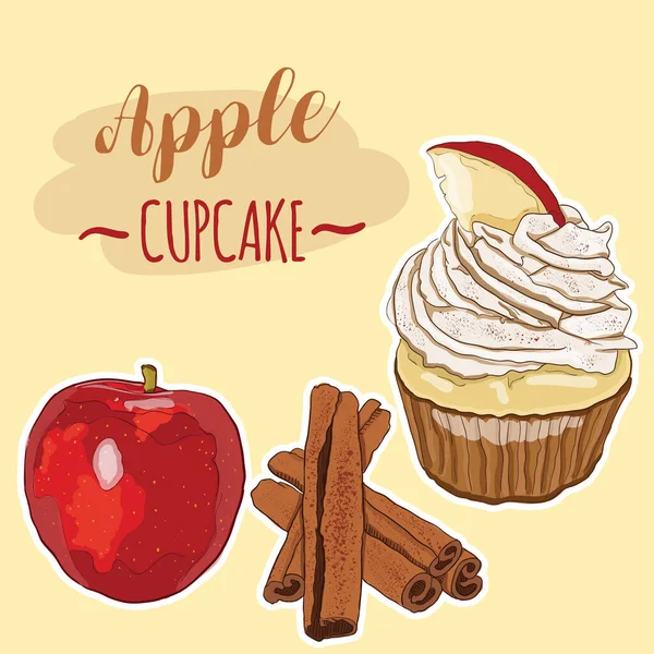 Hand Drawn Full Color Colorful Realist Apple Cupcake Sweet Dessert — стоковий вектор
