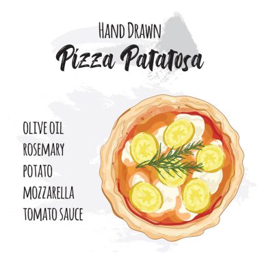 Elle çizilmiş renkli pizza Patatosa malzemeleriyle