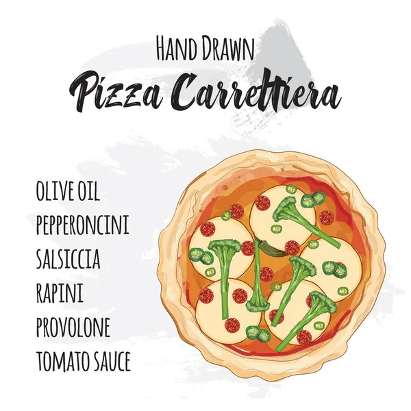Handgetekende Kleurrijke Pizza Carrettiera Met Ingrediënten — Stockvector