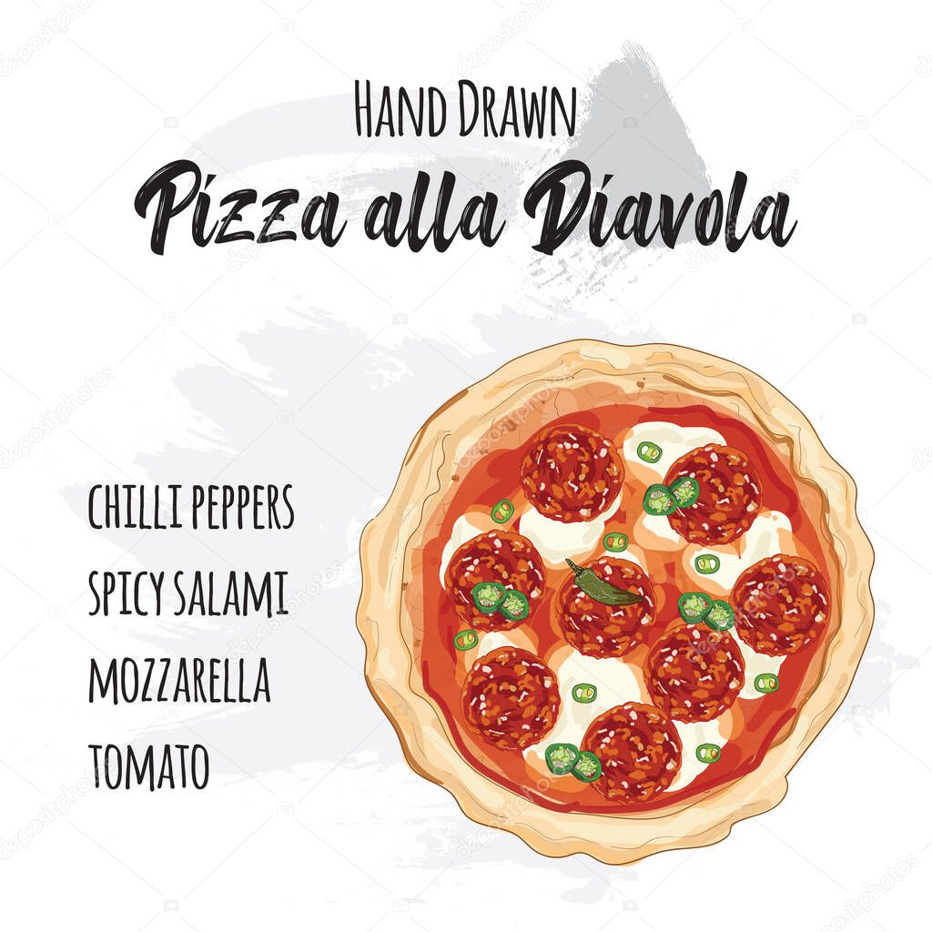 Hand drawn colorful spicy pizza alla diavola with chilli peppers and ingredients