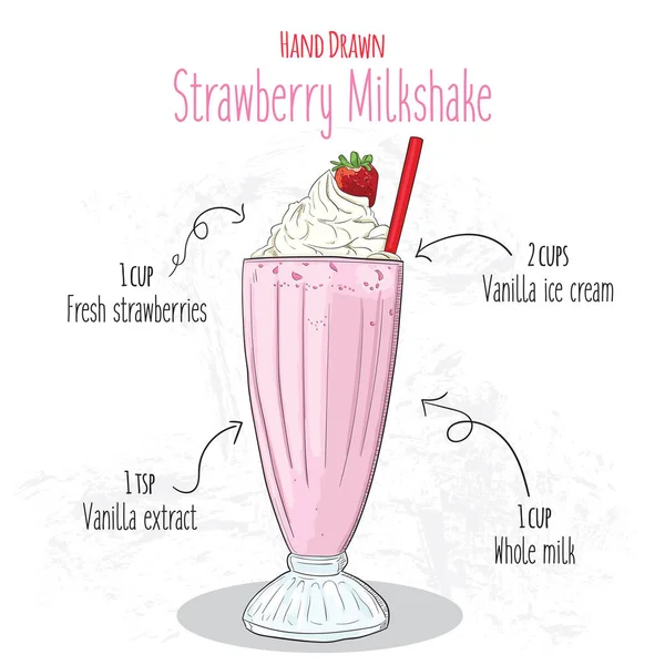 Handritad Färgglada Jordgubbar Milkshake Sommar Dryck Recept — Stock vektor