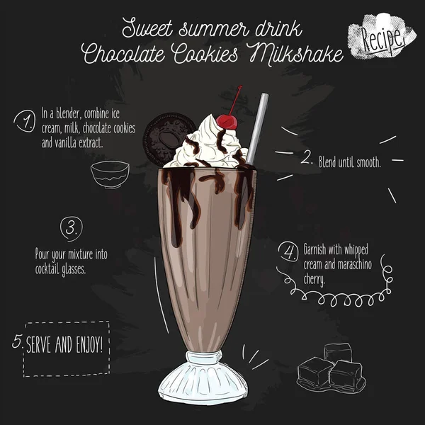 Ručně Kreslené Barevné Čokoládové Sušenky Mléčný Koktejl Letní Nápoj Recept — Stockový vektor