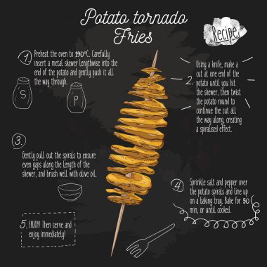 El çizimi renkli fast food spiral kasırga patates kızartması tahtada.