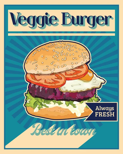 Handritat Vegetariskt Hamburgerflygblad Vektor Vertikal Banner Färgglada Bakgrund Vintage Retro — Stock vektor
