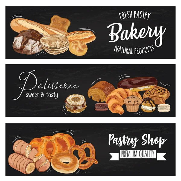 Handgetekende Bakkerij Banketbakkerij Vector Set Spandoeken Zwart Krijtbord Vintage Retro — Stockvector