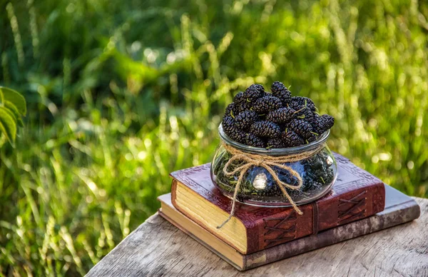 Delicious mulberry and stack of books in the garden. Bowl of black ripe mulberry on the background of summer garden. Summer berries