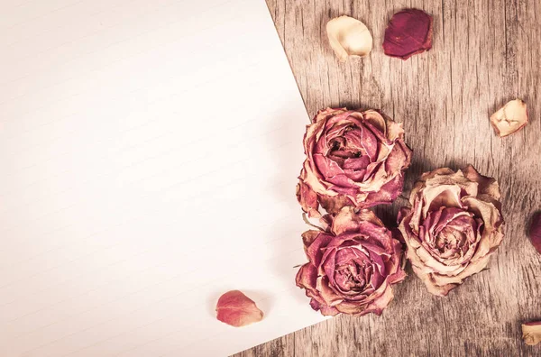 Dried roses, petals and white sheet. Top view. Copy space