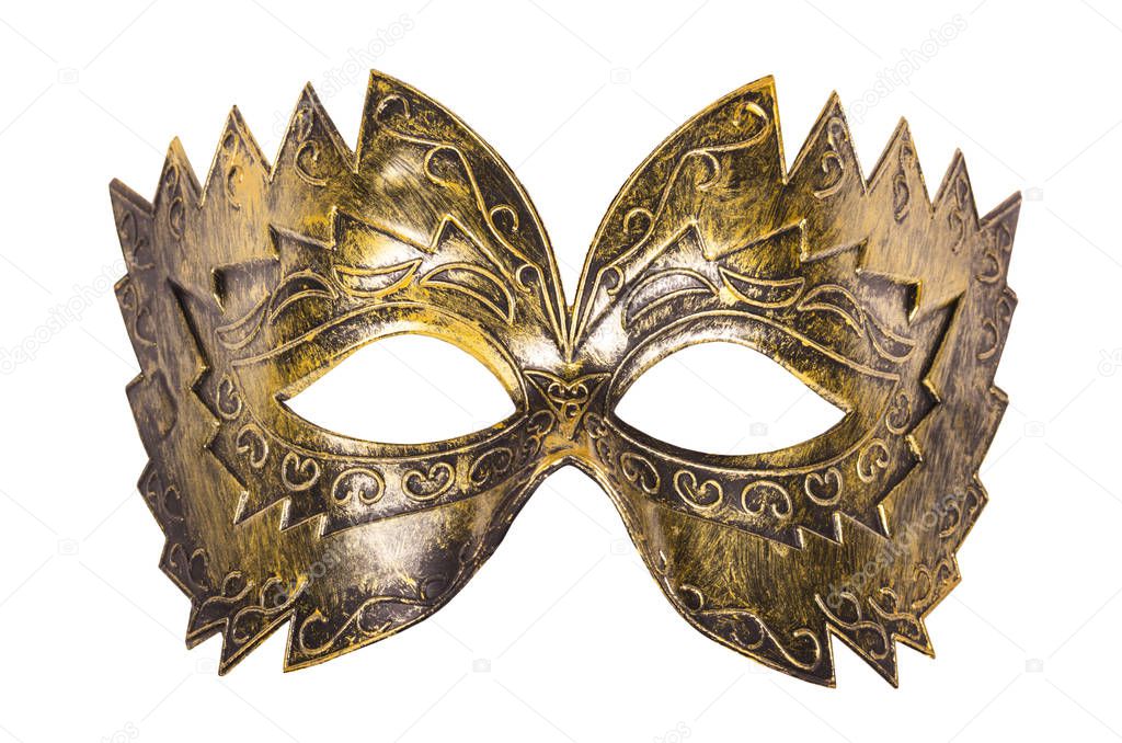 Máscara de carnaval dorada. Copiar espacio. Máscara de mascarada