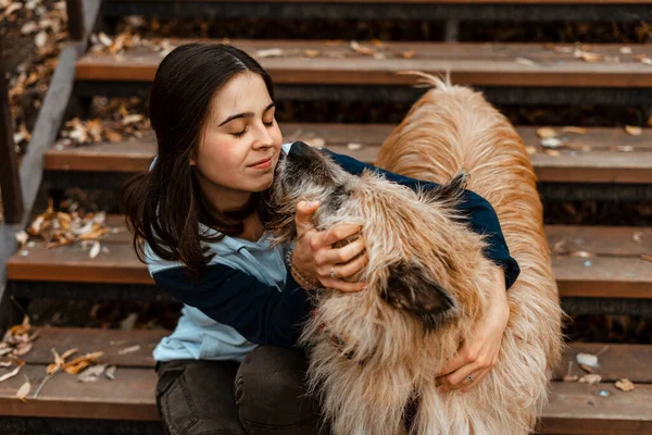 Animal training. A volunteer girl walks with a dog from an animal shelter. Girl with a dog in the autumn park. Walk with the dog. Caring for the animals.