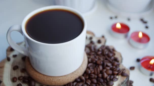 White Cup Hot Coffee Windowsill Copy Space — Stock Video