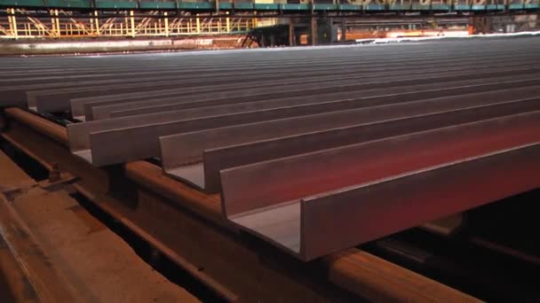 Metalurji Tesisinde Konveyör Üzerinde Sıcak Çelik Ray — Stok video