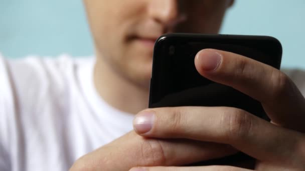 Close Mans Hands Holding Modern Smartphone Man Hands Texting Black — Stock Video