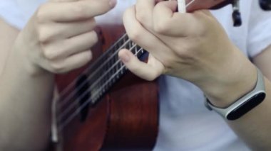 Gün batımında parkta çimenlerin üzerinde oturan kahverengi bir ukulele oynayan genç ve güzel bir kızın elleri. Ukulele ile kadın oynamak. 