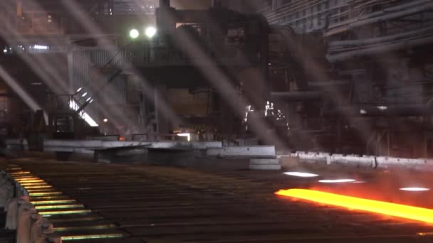 Fresh Cast Hot Metal Slab Rail Conveyor Line Metal Rolling — Stock Video