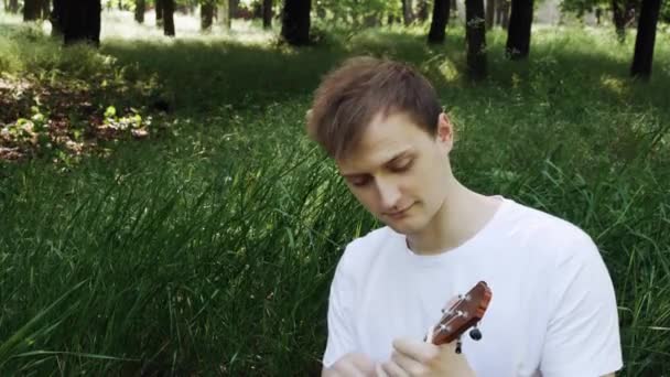 Aantrekkelijke Jonge Man Spelen Een Ukulele Zittend Gras Man Raakt — Stockvideo