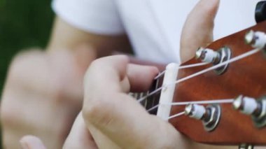 Doğada ukulele çalan adam yakın eller ve müzik aleti.